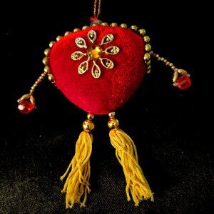 Chinese Red Velvet Beaded Pendant Necklace on Cord with Gold Beads & Tassels